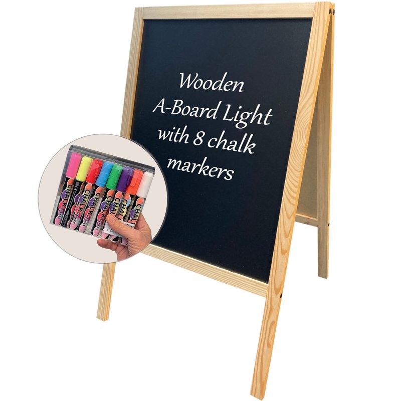 Wooden A-Board,  natural wooden frame and black chalkboard plate, 60 x 100cm incl. 8 chalk board markers
