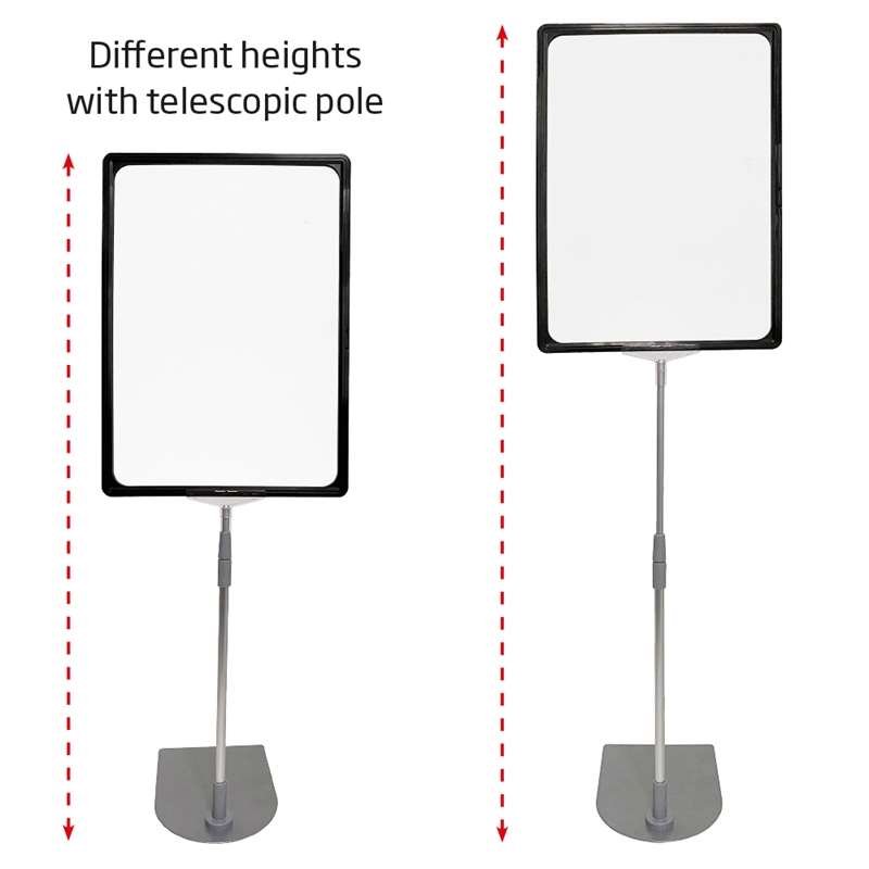 Double sided price frame, set w/alu base and pole, black A5 frame, cover sheet, height 63-81 cm