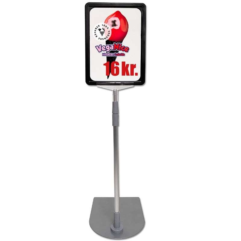 Double sided price frame, set w/alu base and pole, black A5 frame, cover sheet, height 63-81 cm