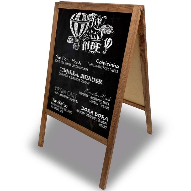 Wooden A-Board, dark stained wooden frame and black chalkboard plate, 60 x 100cm incl. 8 chalk board markers
