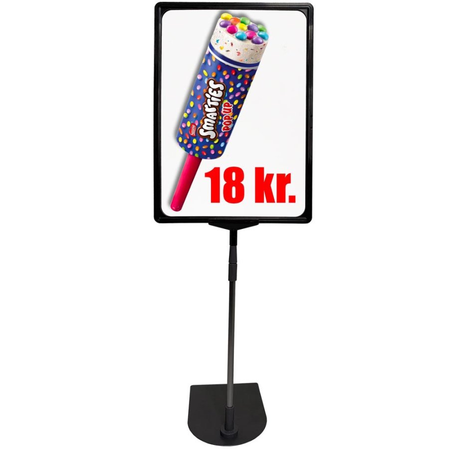 Prisrammes&aelig;t, sort st&aring;l fod og alu stang, sort A3 ramme.