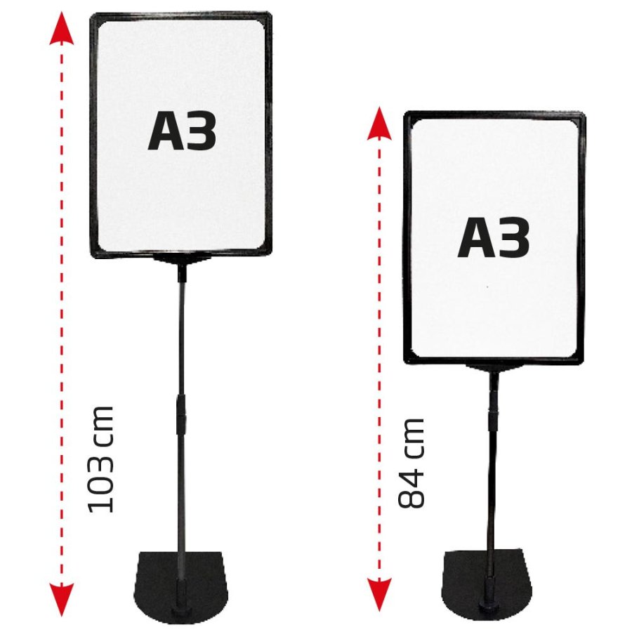 Prisrammes&aelig;t, sort st&aring;l fod og alu stang, sort A3 ramme.