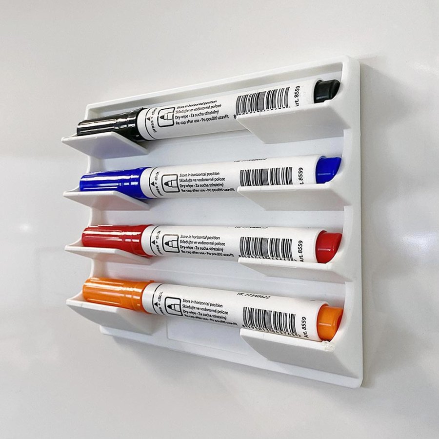 Magnetic pen holder for 4 pens, white plastic with 4 magnets on the back (also includes 4 adhesive pads)