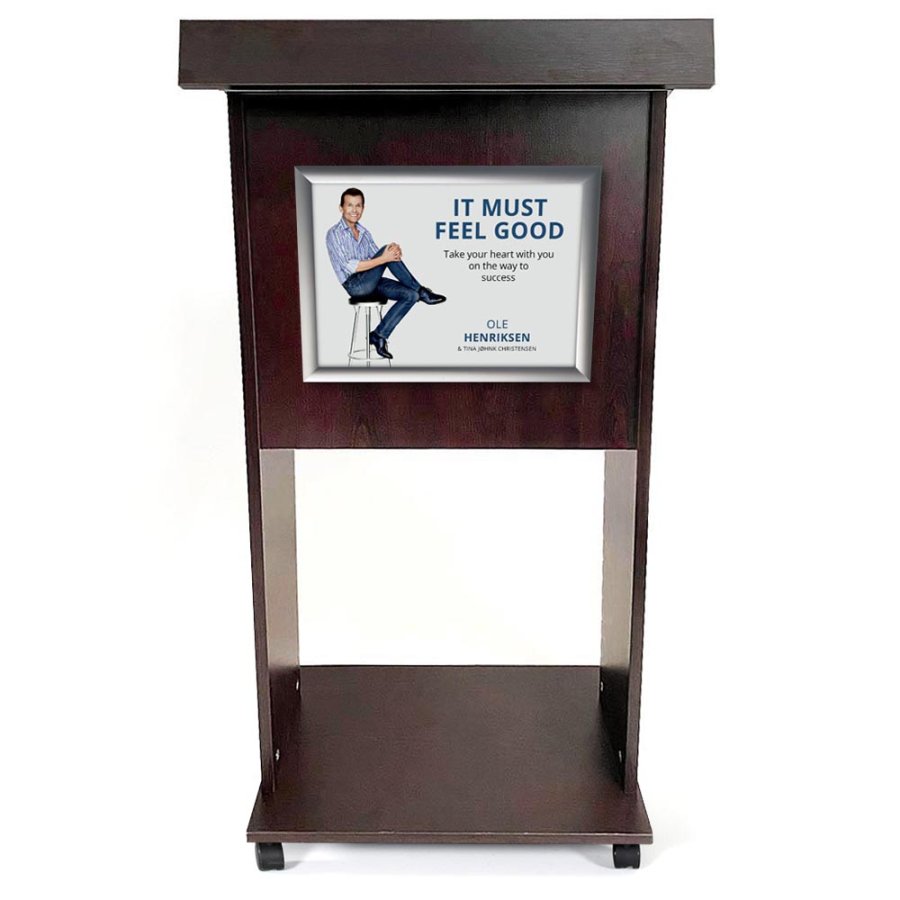 Elegant Black Wood Podium with Wheels and Silver A3 Frame - Fast Fix Design