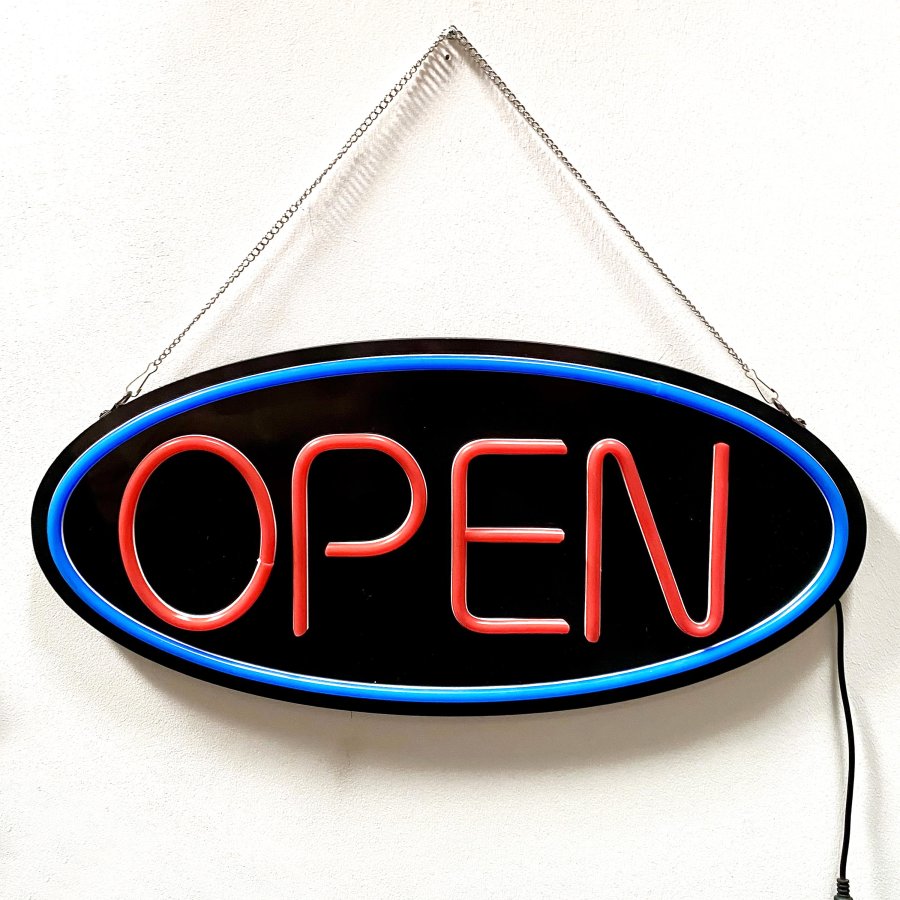 Attractive LED Open Sign - Black Design with Red Text and Blue Circle