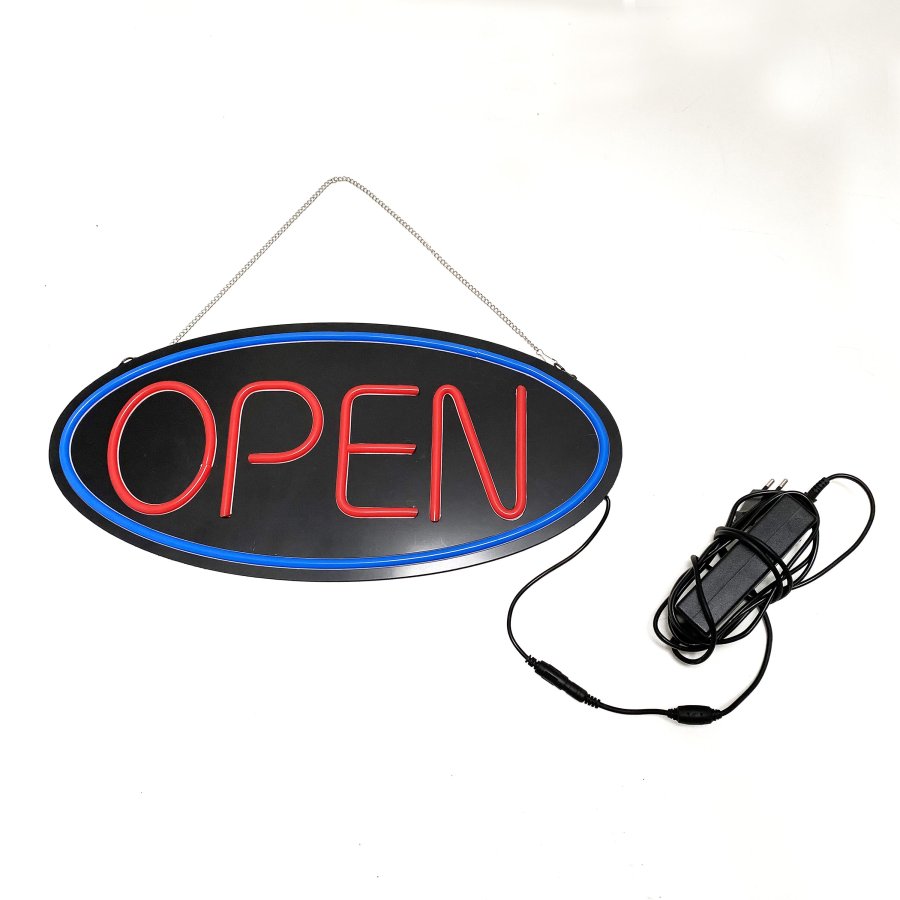 Attractive LED Open Sign - Black Design with Red Text and Blue Circle