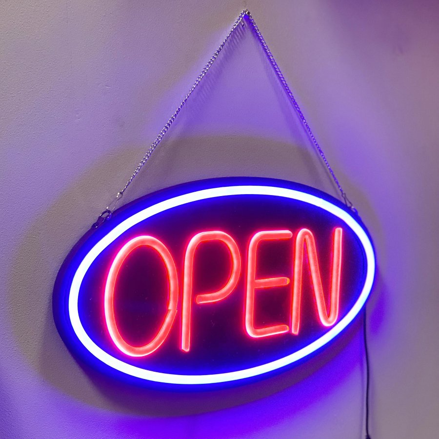 Attractive LED Open Sign - Black Design with Red Text and Blue Circle