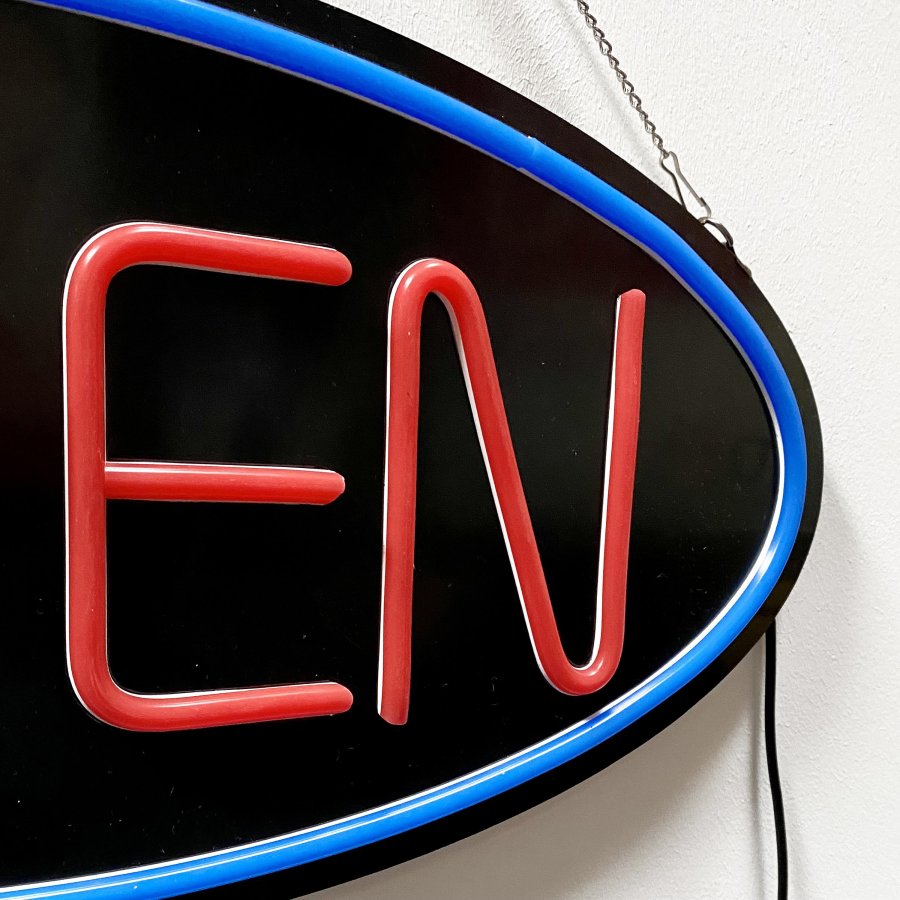 Attractive LED Open Sign - Black Design with Red Text and Blue Circle