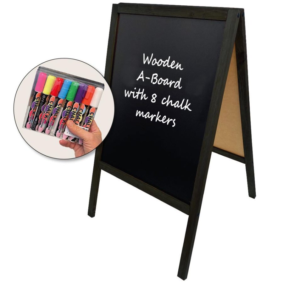 Wooden A-Board,  black stained wooden frame and black chalkboard plate, 60 x 100cm incl. 8 chalk board markers