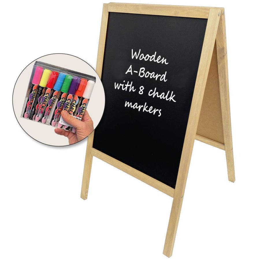 Light A-frame with Wooden Frame and Chalkboard - 60x100cm incl. 8 Chalk Marker Pens