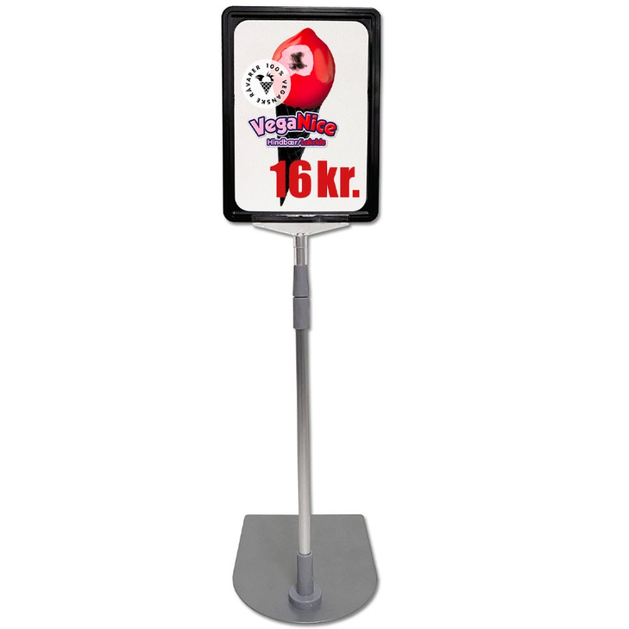 Double sided price frame, set w/alu base and pole, black A5 frame, cover sheet, height 63-81 cm