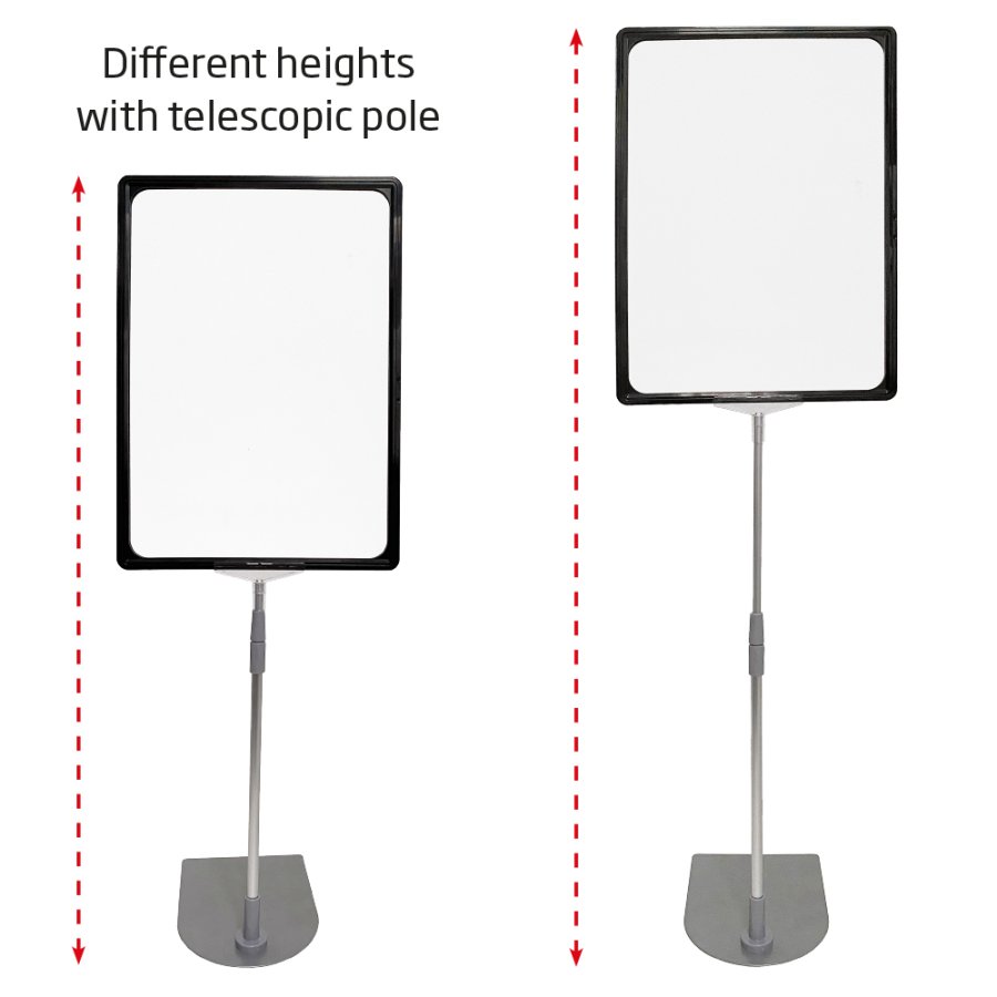 Double sided price frame, set w/alu base and pole, black A5 frame, cover sheet, height 63-81 cm