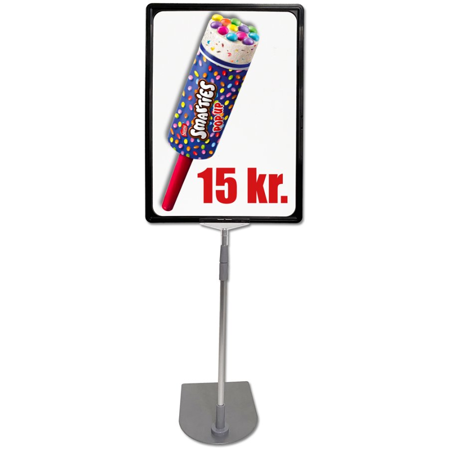 Double sided price frame, set w/alu base and pole, black A3 frame, cover sheet, height 84-103 cm