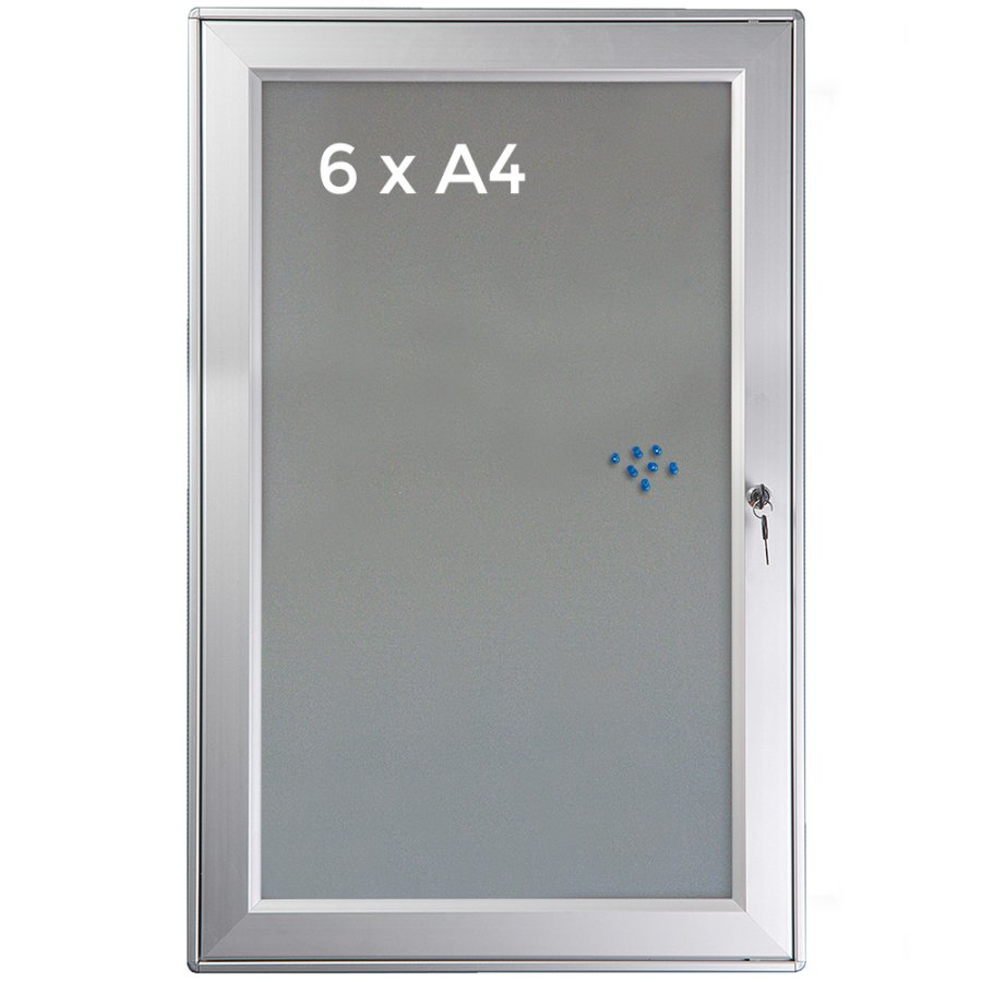 Enclosed Whiteboard, Silver, lockable, Felt back panel, 6 x A4