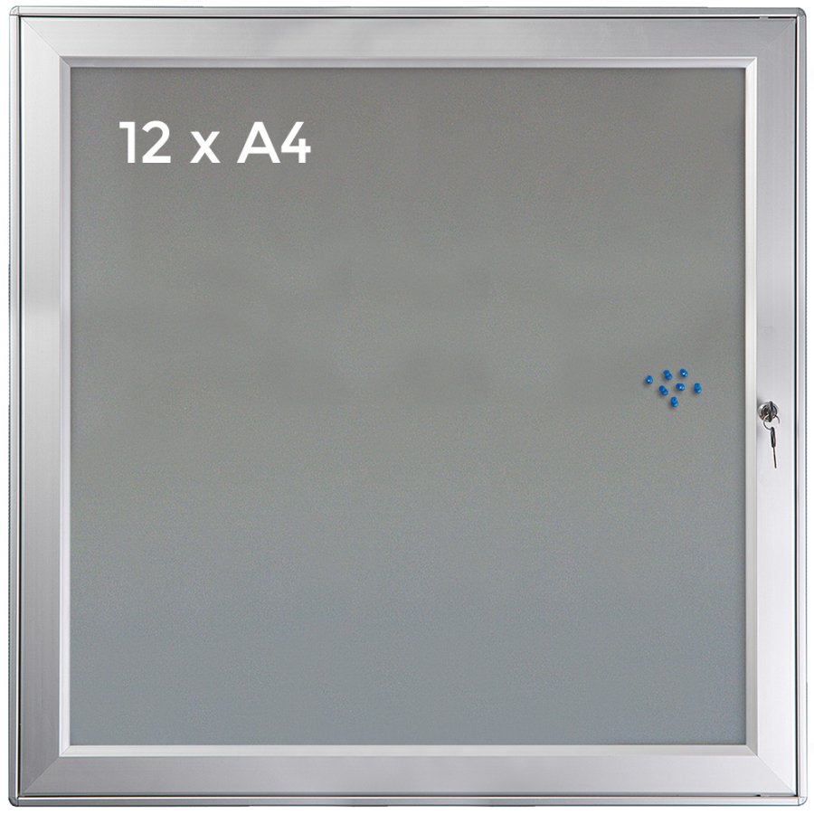 Enclosed Whiteboard, Silver, lockable, Felt back panel, 12 x A4
