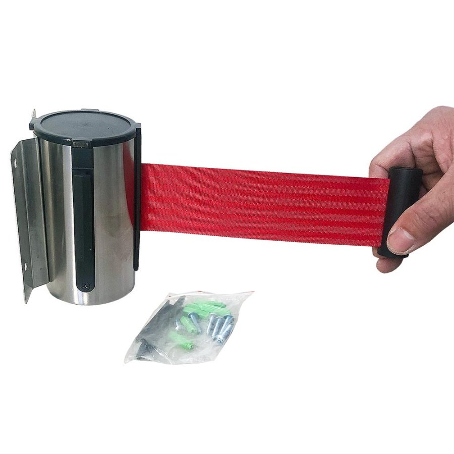 Crowd Barrier, Wall Dispenser, Stainlees Steel with 3meter Red belt