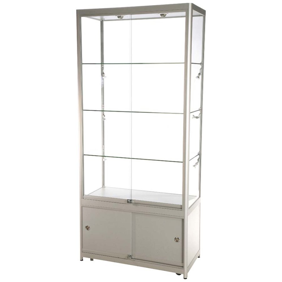 Showcase Tower Duo, silver, with storage and LED spots