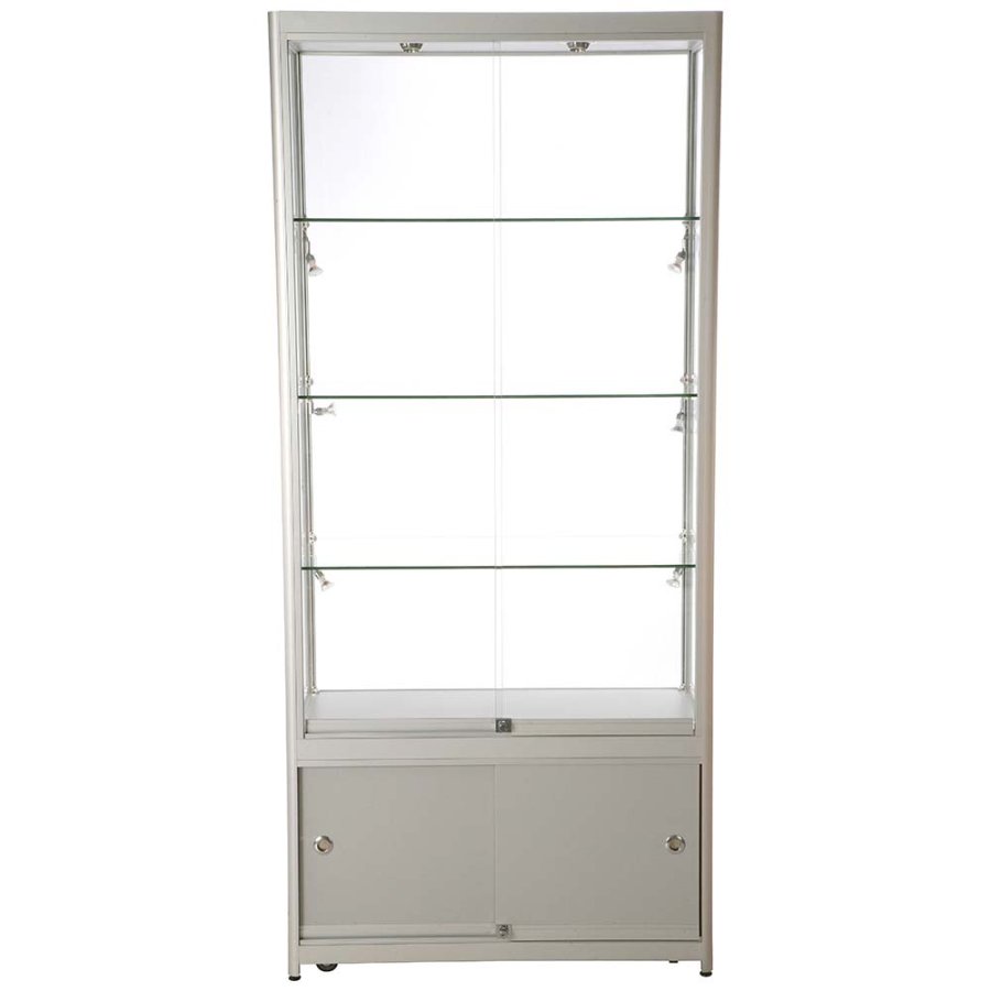 Showcase Tower Duo, silver, with storage and LED spots