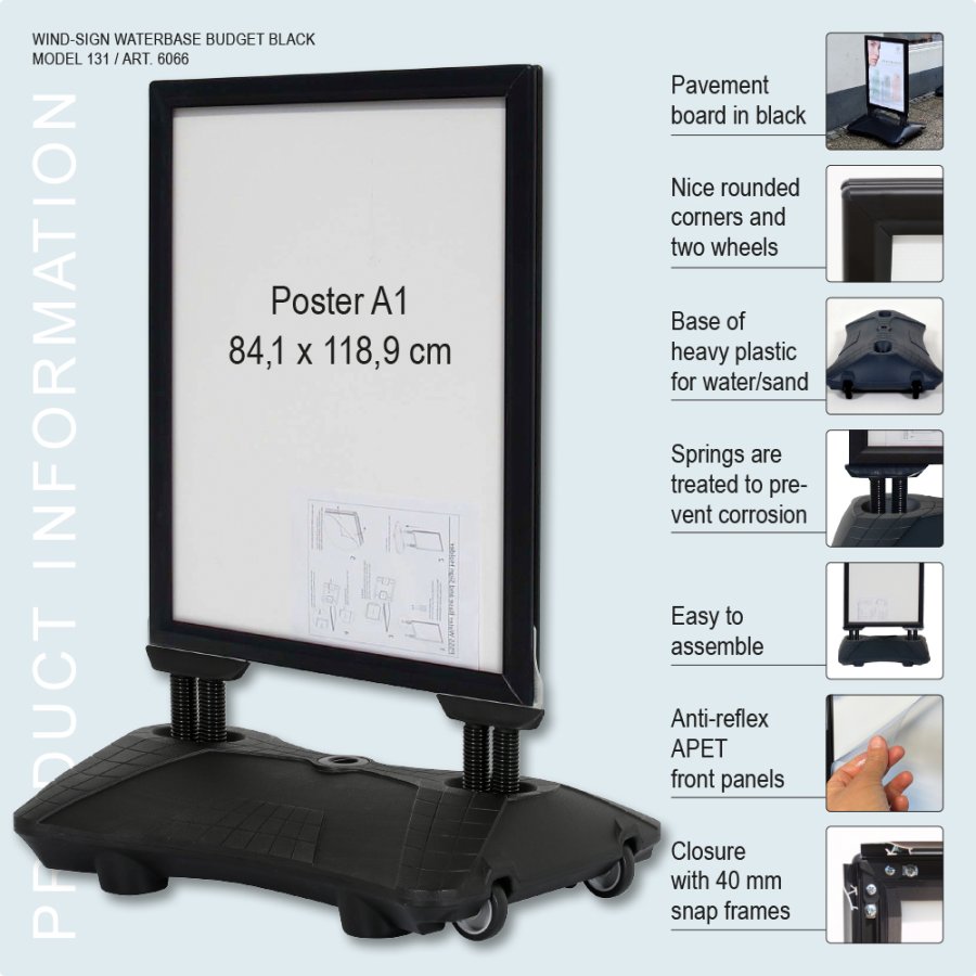 Pavement Sign, Wind-Sign Waterbase Budget, 40 mm aluminum profile, Black, A1 - 59,4 x 84,1 cm