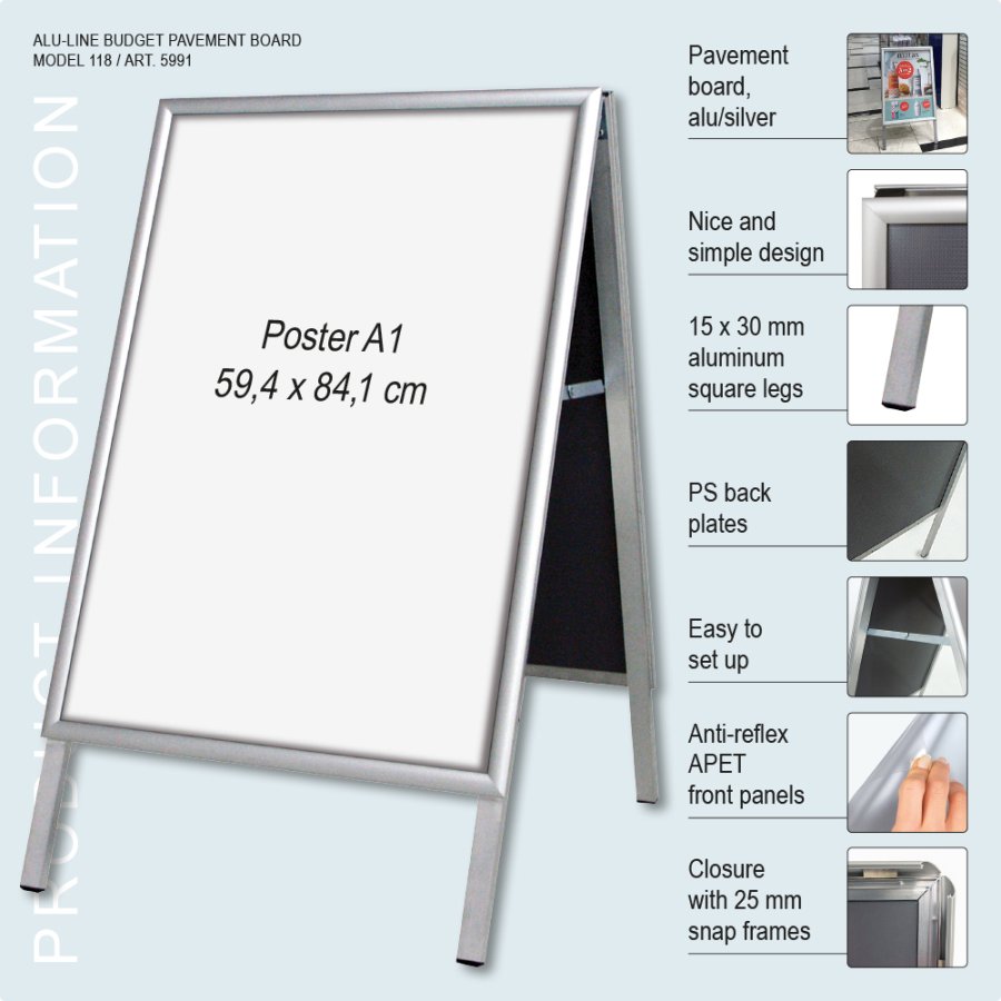 A Board, Alu-Line Budget, Silver, aluminum, for indoor use, A1 - 59,4 x 84,1 cm