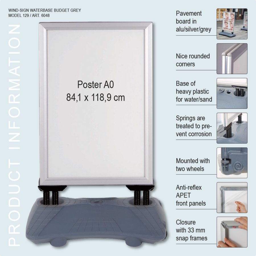 Pavement Sign, Wind-Sign Waterbase Budget, 40 mm profile, Silver, A0 - 84,1 x 118,9 cm