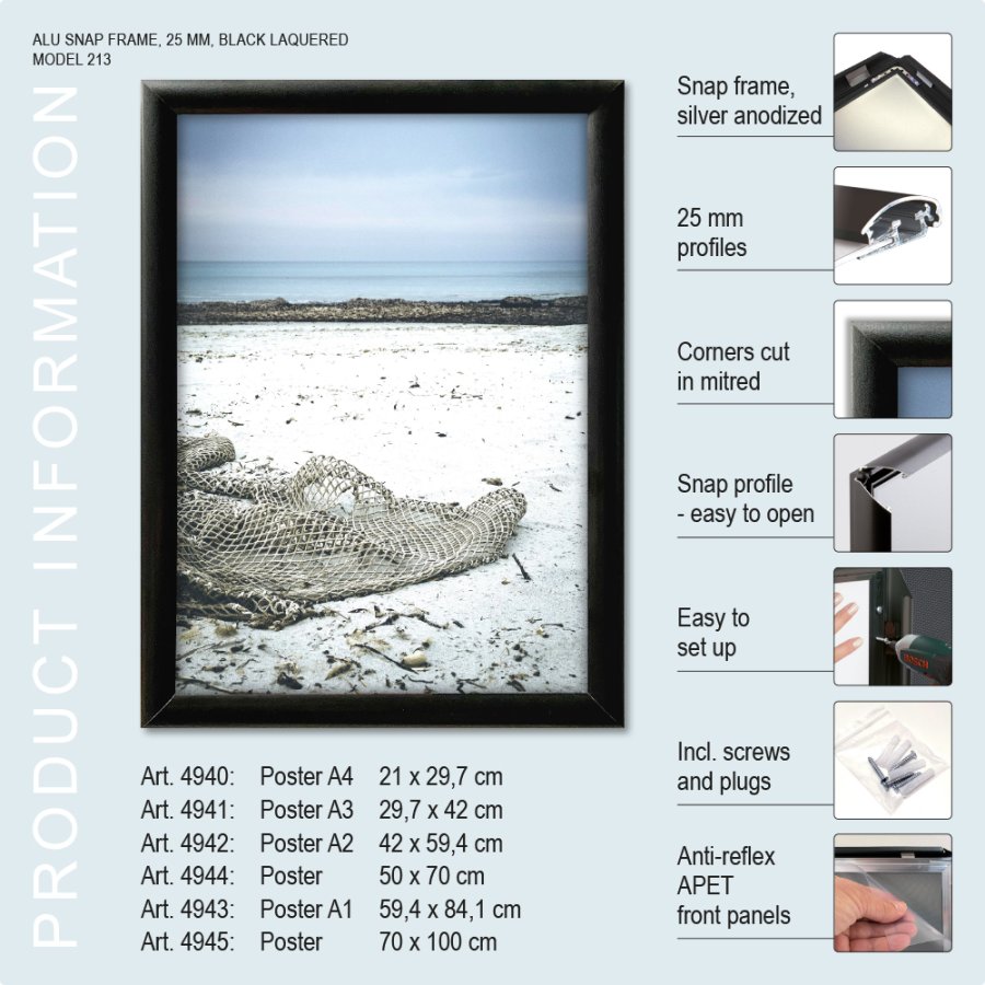 Snap Frame, 25 mm profile, Black, B1 - 70 x 100 cm