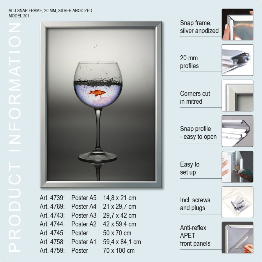 Snap Frame, 20 mm aluminum flat profile, Silver, B2 - 50 x 70 cm