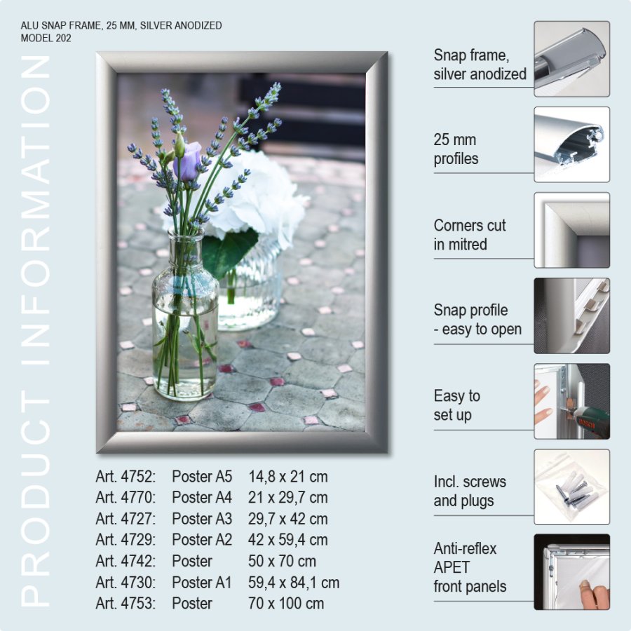Snap Frame, 25 mm profile, Silver, A2 - 42 x 59,4 cm
