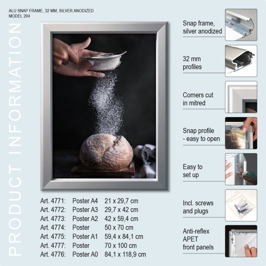Snap Frame, 32 mm profile, Silver, B2 - 50 x 70 cm