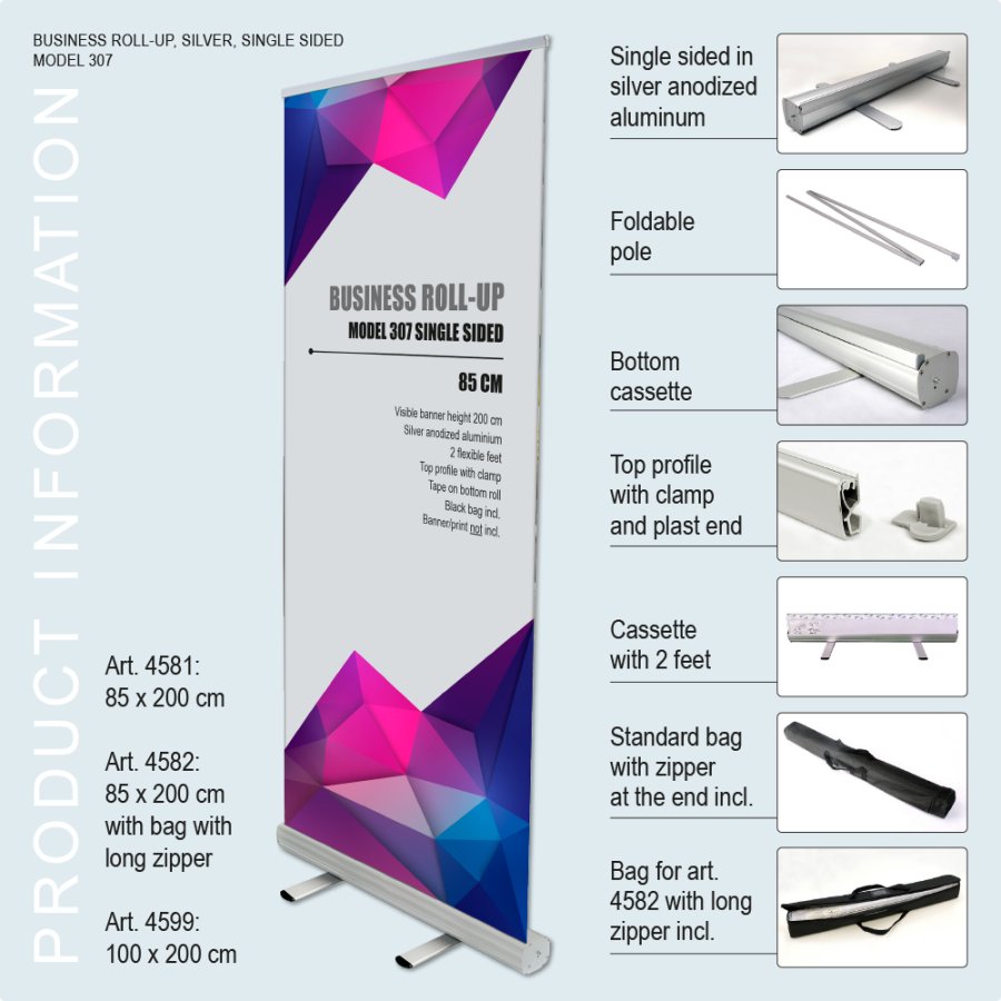 Roller Banner Business Aluminium Cassette Single-Sided Banner with Bag and Long Zipper, 85 x 200 cm, Silver