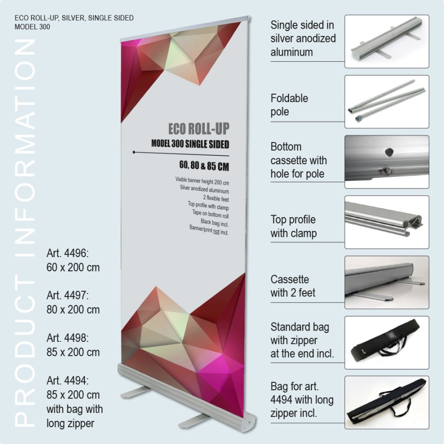 Eco Roller Banner Aluminium Cassette Single-sided Banner with Long Zip Bag 85x230 cm Silver