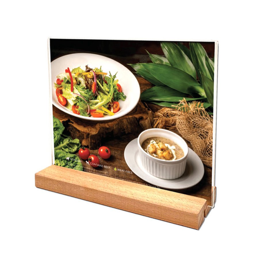 WOOD Block acrylic menu holder A6, portrait/angled