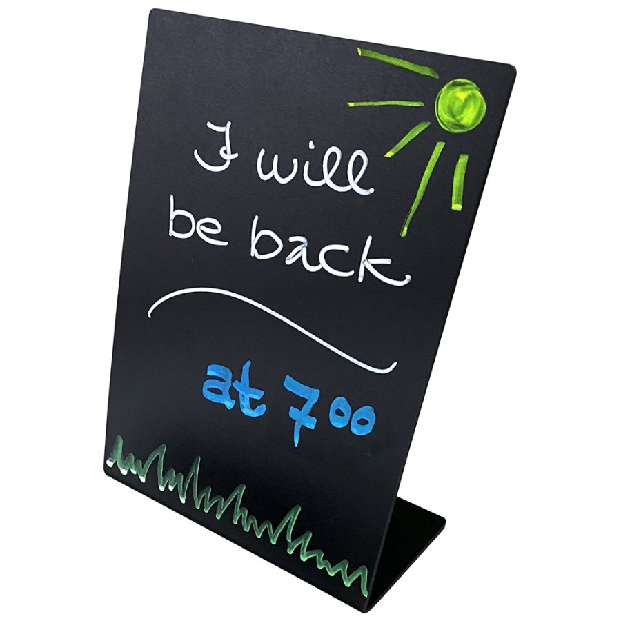 black acrylic signboard A4, slanted and freestanding for tables and counters