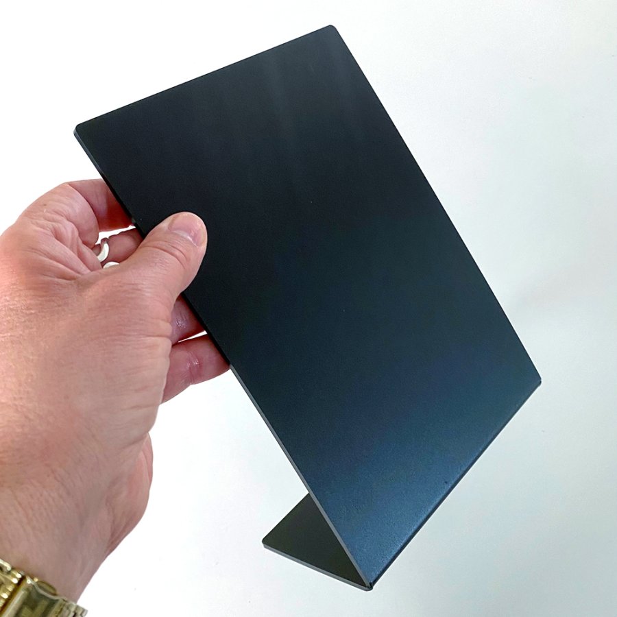 black acrylic signboard A4, slanted and freestanding for tables and counters