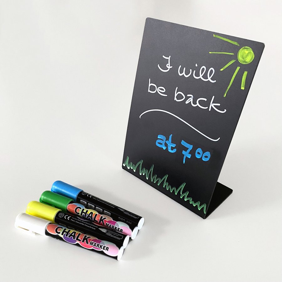 black acrylic signboard A4, slanted and freestanding for tables and counters