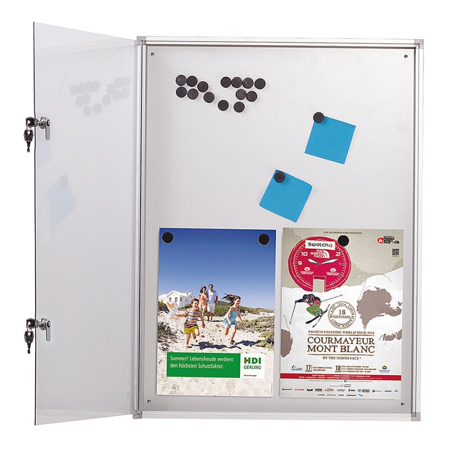 Info box with Magnetic Whiteboard, 9 x A4, 35 mm deep, Aluminum frame, lockable front, indoor