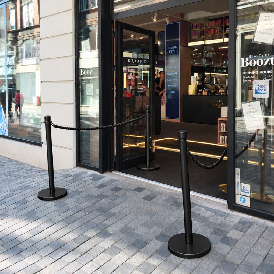 Black lacquered Stand in Steel for queue barrier/barrier system, 91 cm high, heavy base &Oslash; 32 cm